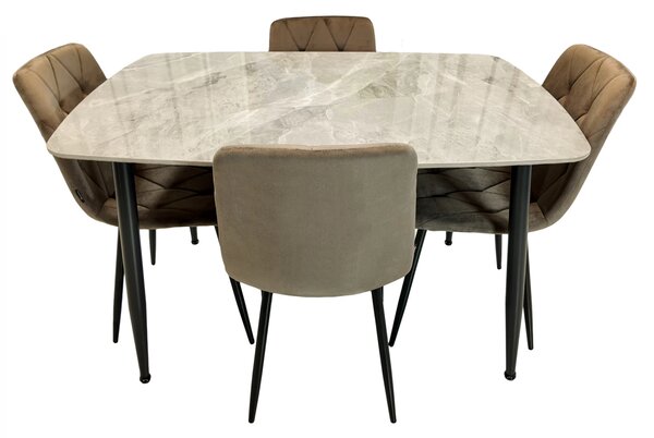 Set masa Viena gri cu 4 scaune Kobe maro, DENVER, blat ceramica, picioare negre, 120x80 cm