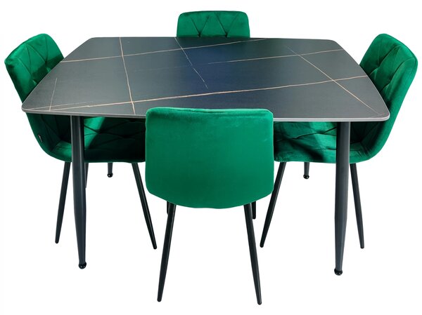 Set masa Viena neagra cu 4 scaune Kobe verde, DENVER, blat ceramica, picioare negre, 120x80 cm