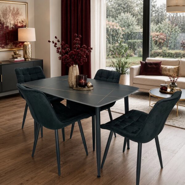 Set masa Viena neagra cu 4 scaune Osaka negre, DENVER, blat ceramica, picioare negre, 120x80 cm
