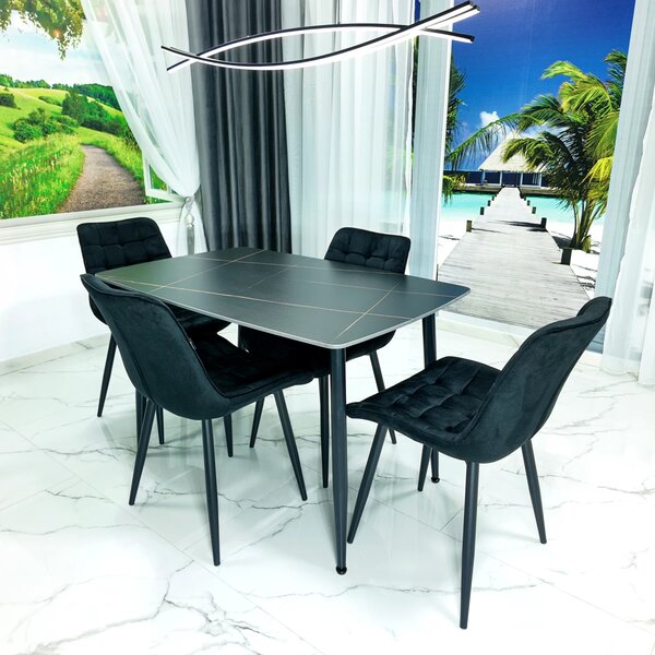 Set masa Viena neagra cu 4 scaune Osaka negre, DENVER, blat ceramica, picioare negre, 120x80 cm