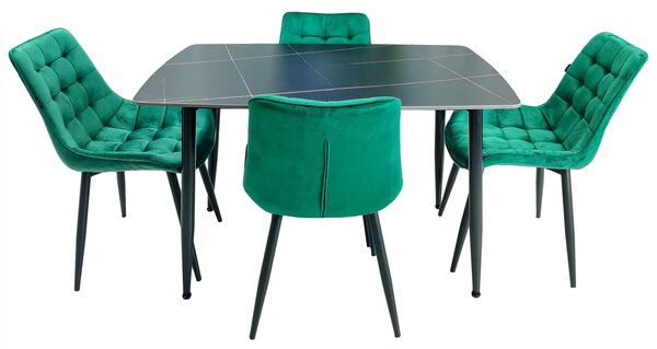 Set masa Viena neagra cu 4 scaune Osaka verde, DENVER, blat ceramica, picioare negre, 120x80 cm
