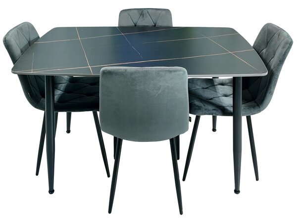 Set masa Viena neagra cu 4 scaune Kobe gri, DENVER, blat ceramica, picioare negre, 120x80 cm