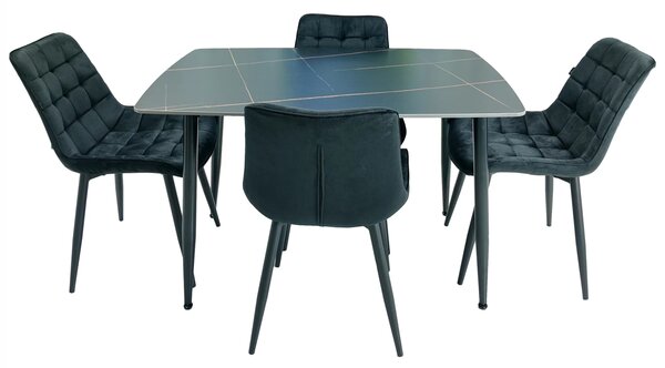 Set masa Viena neagra cu 4 scaune Osaka negre, DENVER, blat ceramica, picioare negre, 120x80 cm