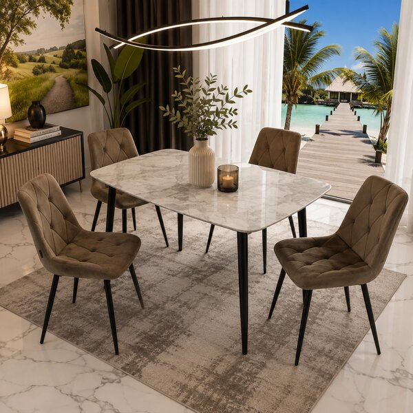 Set masa Viena gri cu 4 scaune Kobe maro, DENVER, blat ceramica, picioare negre, 120x80 cm