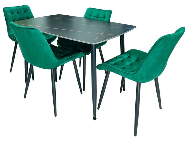 Set masa Viena neagra cu 4 scaune Osaka verde, DENVER, blat ceramica, picioare negre, 120x80 cm