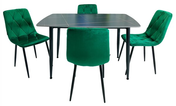Set masa Viena neagra cu 4 scaune Kobe verde, DENVER, blat ceramica, picioare negre, 120x80 cm