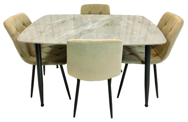 Set masa Viena gri cu 4 scaune Kobe bej, DENVER, blat ceramica, picioare negre, 120x80 cm