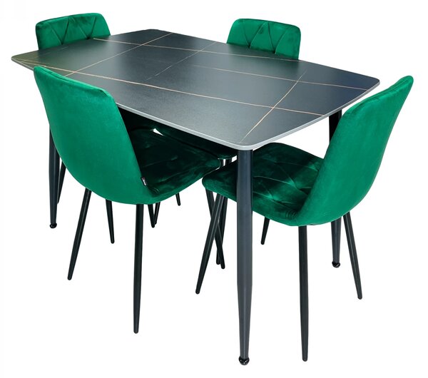 Set masa Viena neagra cu 4 scaune Kobe verde, DENVER, blat ceramica, picioare negre, 120x80 cm