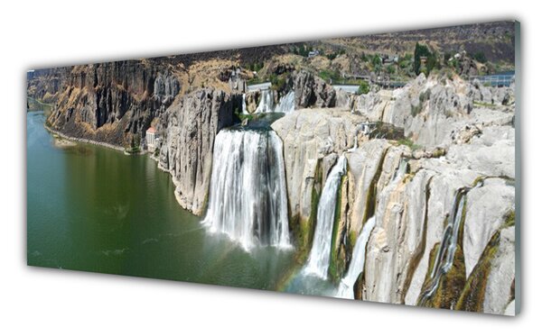 Tablou pe sticla Munții Cascada Lacul Peisaj Gri Verde
