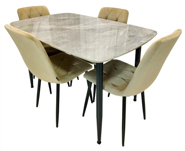 Set masa Viena gri cu 4 scaune Kobe bej, DENVER, blat ceramica, picioare negre, 120x80 cm