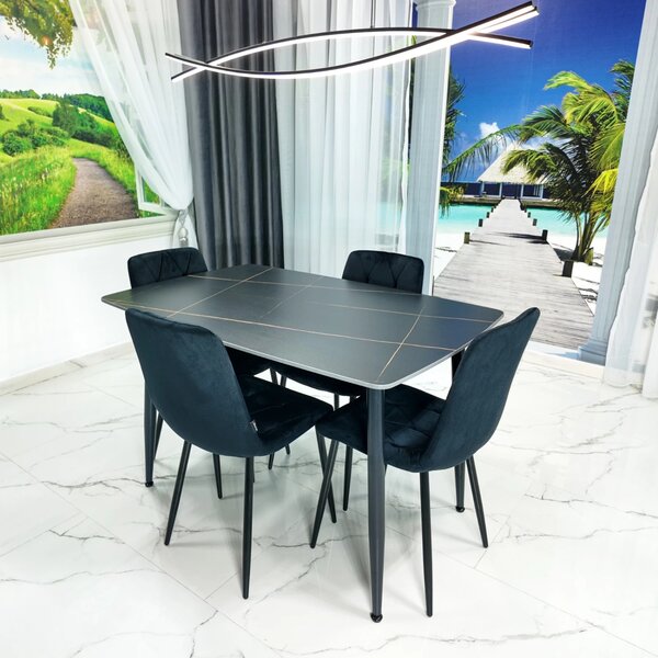 Set masa Viena neagra cu 4 scaune Kobe negru, DENVER, blat ceramica, picioare negre, 120x80 cm