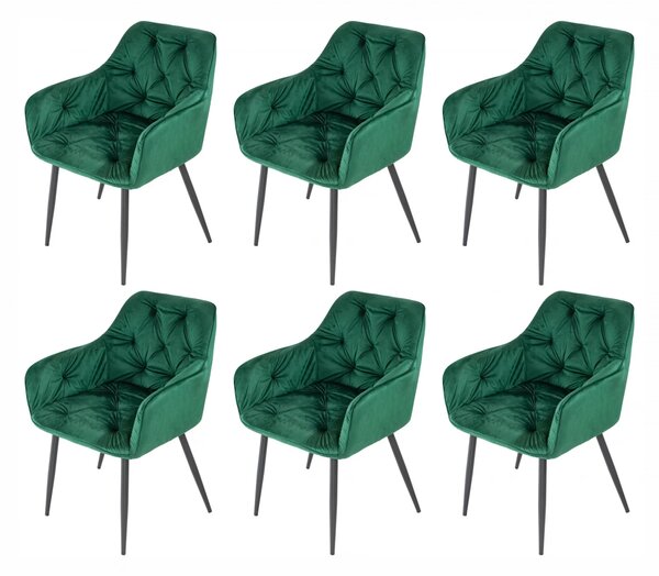Set 6 scaune tip fotoliu Tokyo, catifea verde, picioare negre, 57x64x78 cm