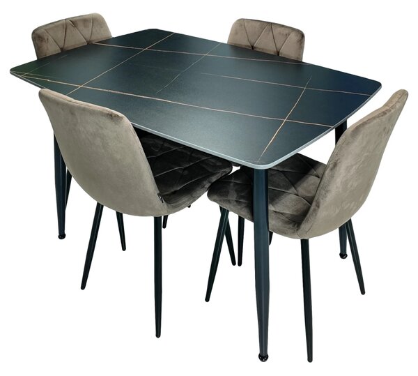 Set masa Viena neagra cu 4 scaune Kobe maro, DENVER, blat ceramica, picioare negre, 120x80 cm