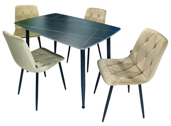 Set masa Viena neagra cu 4 scaune Kobe bej, DENVER, blat ceramica, picioare negre, 120x80 cm