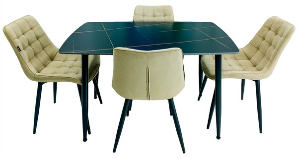 Set masa Viena neagra cu 4 scaune Osaka bej, DENVER, blat ceramica, picioare negre, 120x80 cm