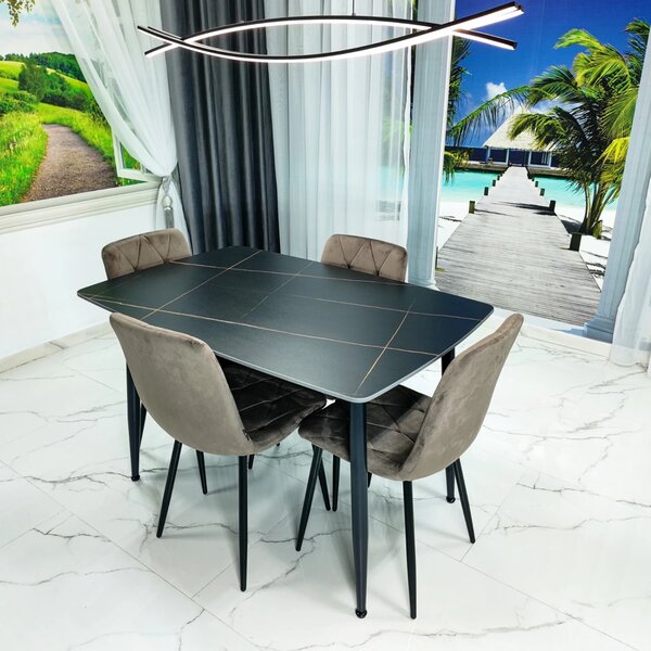 Set masa Viena neagra cu 4 scaune Kobe maro, DENVER, blat ceramica, picioare negre, 120x80 cm
