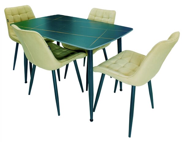 Set masa Viena neagra cu 4 scaune Osaka bej, DENVER, blat ceramica, picioare negre, 120x80 cm