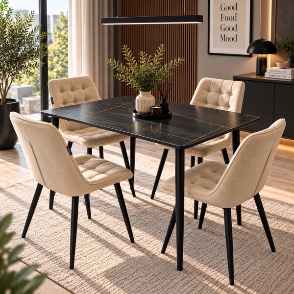 Set masa Viena neagra cu 4 scaune Osaka bej, DENVER, blat ceramica, picioare negre, 120x80 cm