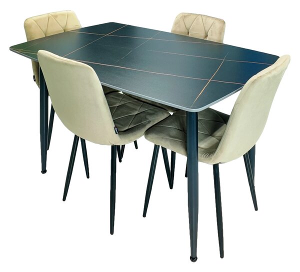 Set masa Viena neagra cu 4 scaune Kobe bej, DENVER, blat ceramica, picioare negre, 120x80 cm