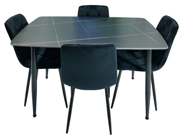 Set masa Viena neagra cu 4 scaune Kobe negru, DENVER, blat ceramica, picioare negre, 120x80 cm