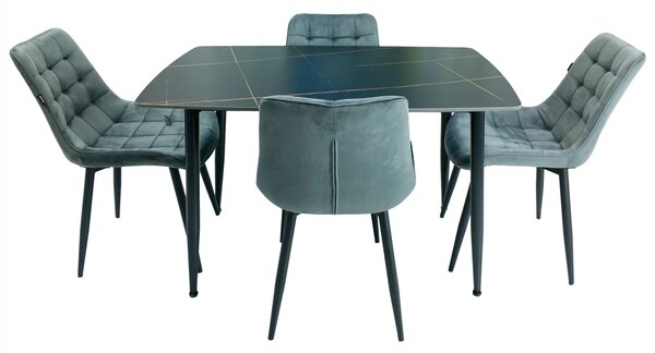 Set masa Viena neagra cu 4 scaune Osaka gri, DENVER, blat ceramica, picioare negre, 120x80 cm