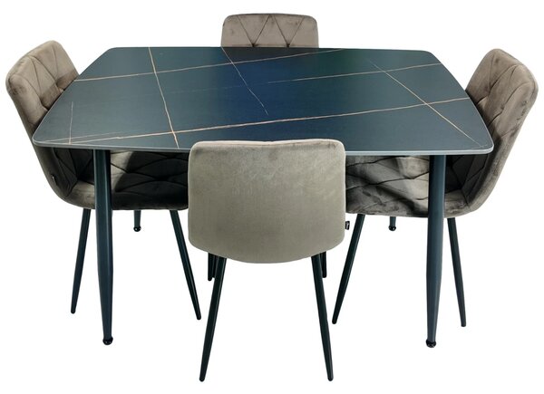 Set masa Viena neagra cu 4 scaune Kobe maro, DENVER, blat ceramica, picioare negre, 120x80 cm