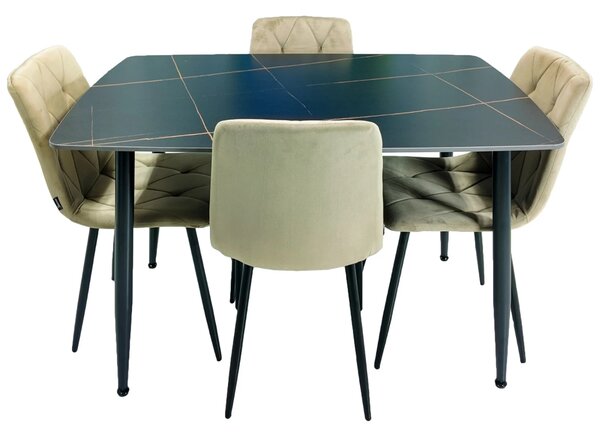 Set masa Viena neagra cu 4 scaune Kobe bej, DENVER, blat ceramica, picioare negre, 120x80 cm