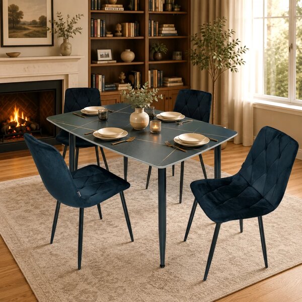 Set masa Viena neagra cu 4 scaune Kobe negru, DENVER, blat ceramica, picioare negre, 120x80 cm
