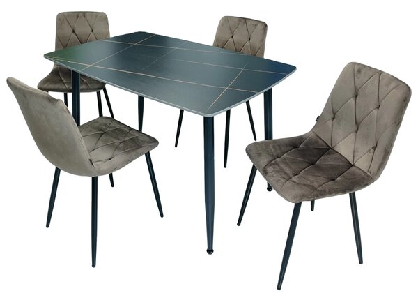 Set masa Viena neagra cu 4 scaune Kobe maro, DENVER, blat ceramica, picioare negre, 120x80 cm