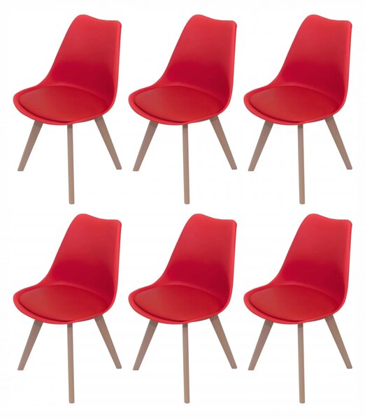 Set 6 scaune Stockholm, DENVER, piele ecologica rosie, picioare lemn, 48x50x86 cm