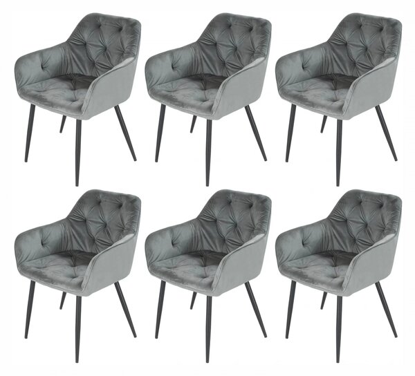 Set 6 scaune tip fotoliu Tokyo, catifea gri, picioare negre, 57x64x78 cm