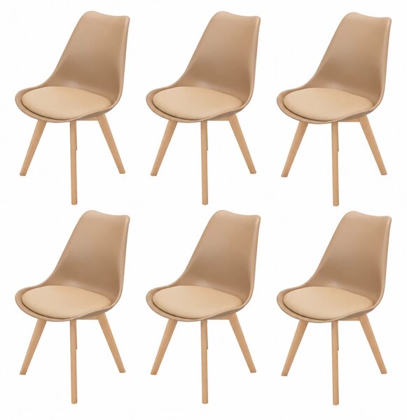 Set 6 scaune Stockholm, DENVER, piele ecologica cappuccino, picioare lemn, 48x50x86 cm