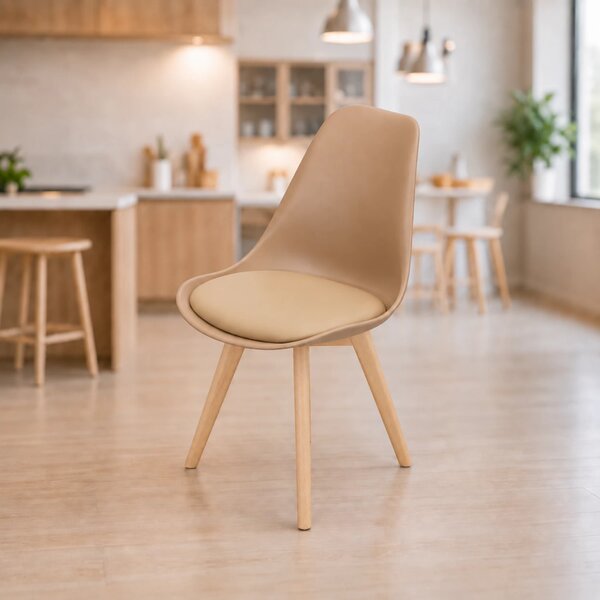 Set 4 scaune Stockholm, DENVER, piele ecologica cappuccino, picioare lemn, 48x50x84 cm