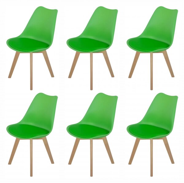 Set 6 scaune Stockholm, DENVER, piele ecologica verde, picioare lemn, 48x50x86 cm
