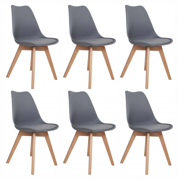 Set 6 scaune Stockholm, DENVER, piele ecologica gri, picioare lemn, 48x50x86 cm