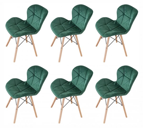 Set 6 scaune Oslo, DENVER, catifea verde, picioare lemn, 48x39x74 cm