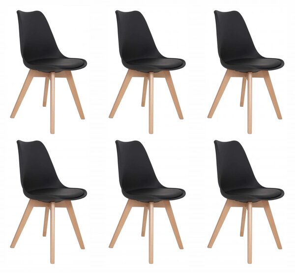 Set 6 scaune Stockholm, DENVER, piele ecologica neagra, picioare lemn, 48x50x86 cm