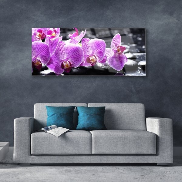 Tablou pe sticla Pietre florale flori violet negru