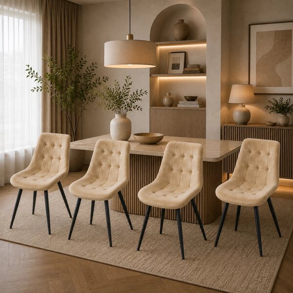 Set 4 scaune Osaka, DENVER, catifea bej, picioare metalice negre, 53x53x84 cm
