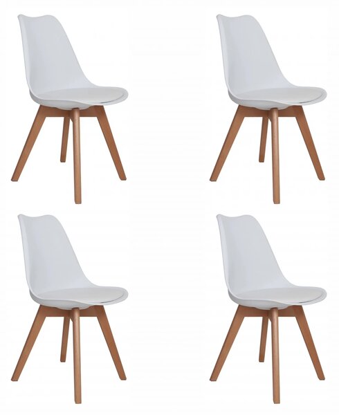 Set 4 scaune Stockholm, DENVER, piele ecologica alba, picioare lemn, 48x50x84 cm