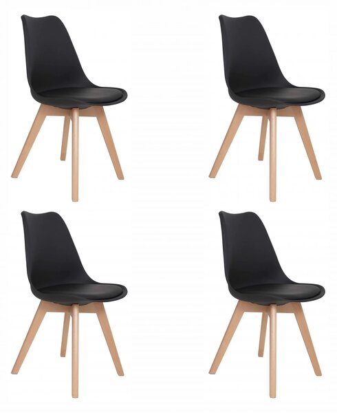 Set 4 scaune Stockholm, DENVER, piele ecologica neagra, picioare lemn, 48x50x84 cm