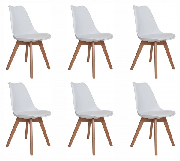 Set 6 scaune Stockholm, DENVER, piele ecologica alba, picioare lemn, 48x50x86 cm