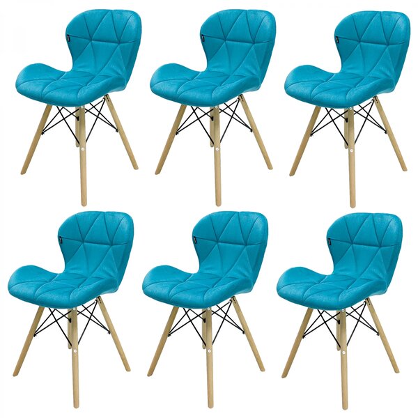 Set 6 scaune Oslo, DENVER, catifea turcoaz, picioare lemn, 48x39x74 cm