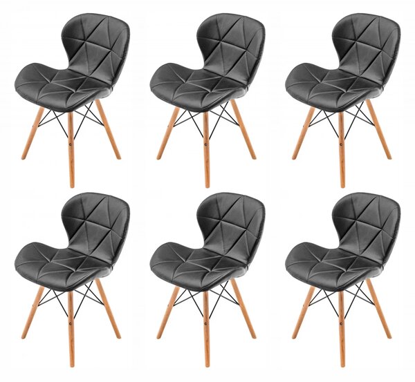 Set 6 scaune Oslo, DENVER, piele ecologica neagra, picioare lemn, 48x39x74 cm