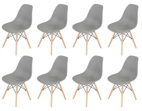 Set 8 scaune Malmo, DENVER, sezut tip scoica gri, picioare lemn, 48x54x80 cm