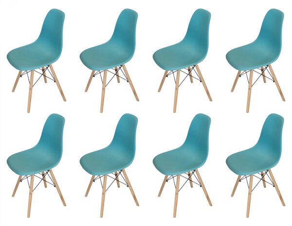 Set 8 scaune Malmo, DENVER, sezut tip scoica turcoaz, picioare lemn, 48x54x80 cm