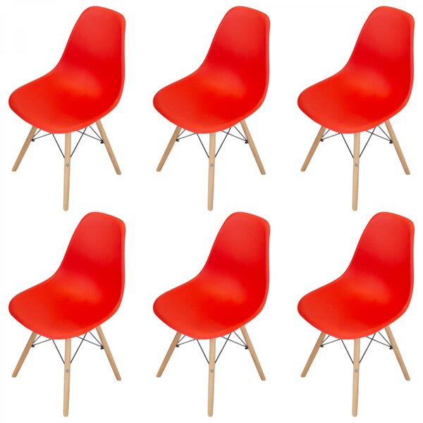 Set 6 scaune Malmo, DENVER, sezut tip scoica rosu, picioare lemn, 46x54x80 cm