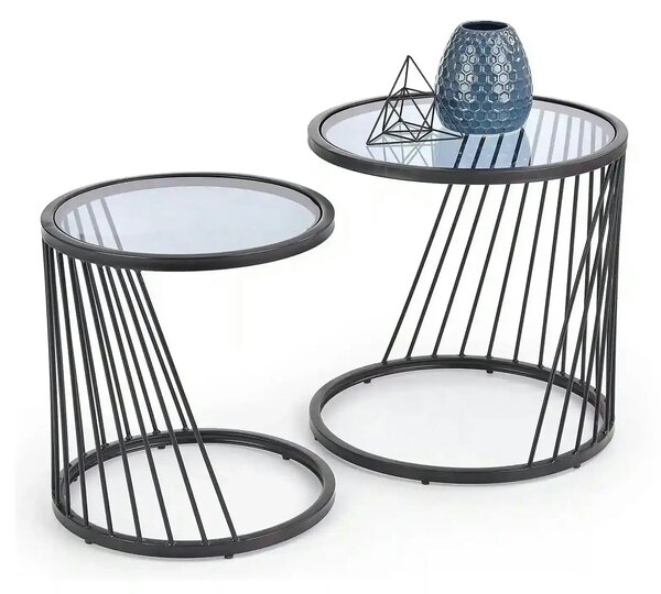 Set 2 masute cafea ANTILLA, transparent/negru, sticla/otel
