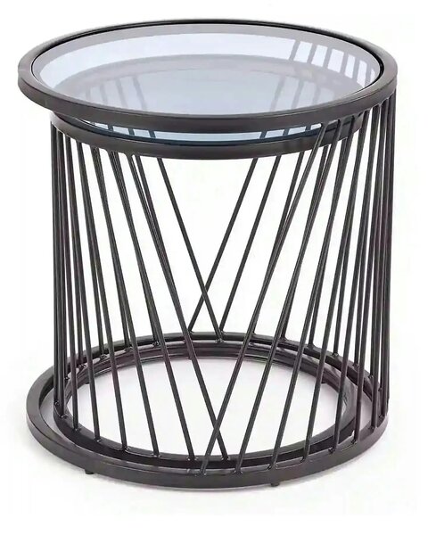 Set 2 masute cafea ANTILLA, transparent/negru, sticla/otel