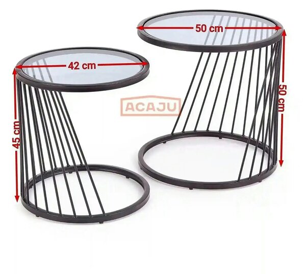 Set 2 masute cafea ANTILLA, transparent/negru, sticla/otel